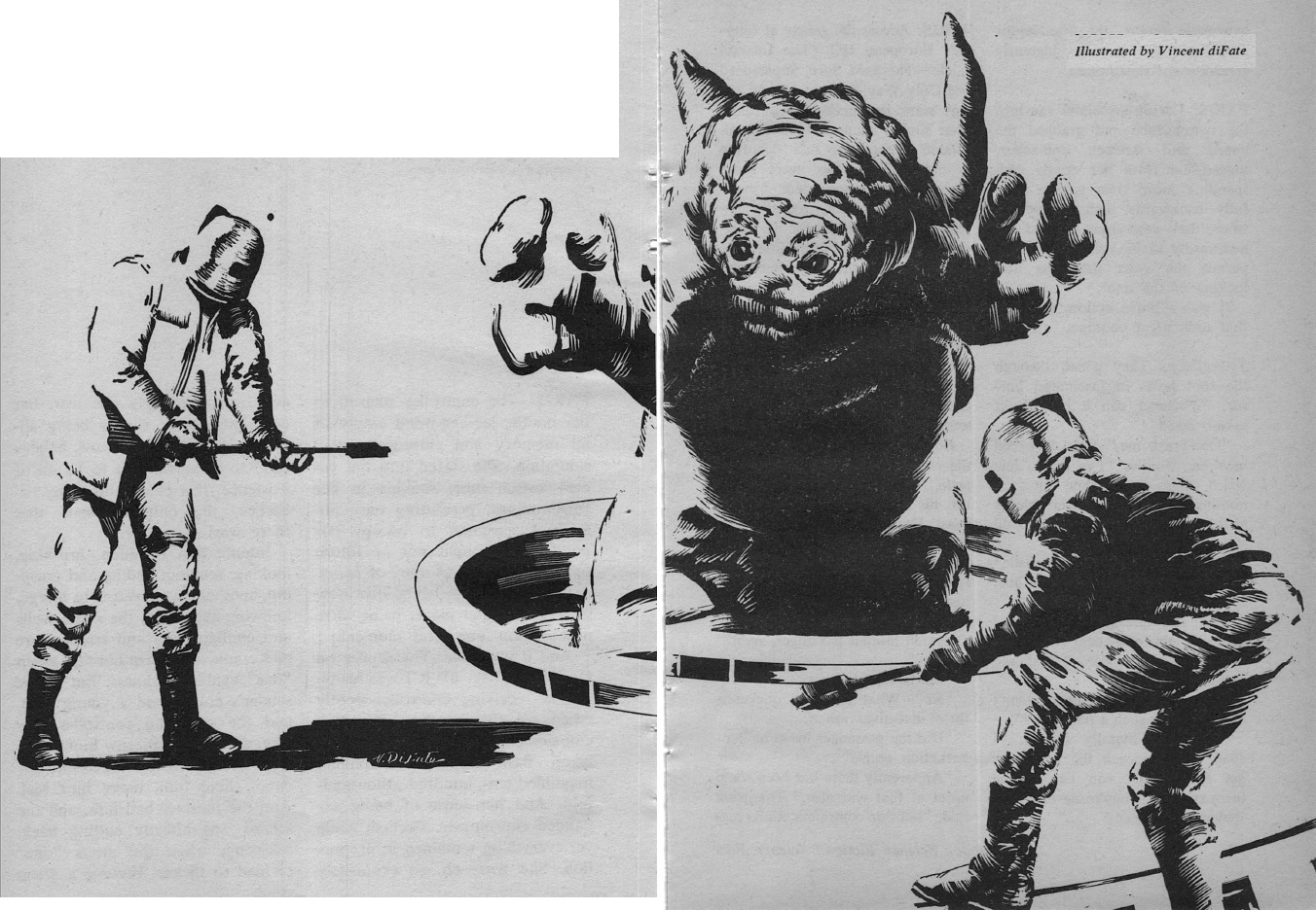 An image, black lines on white background, of two men in hazmat suits holding cattle prods, facing an alien stuck in a ring. The alien looks like an enormous sort of walrus-bear-cat thing, with blobby lobster claws.