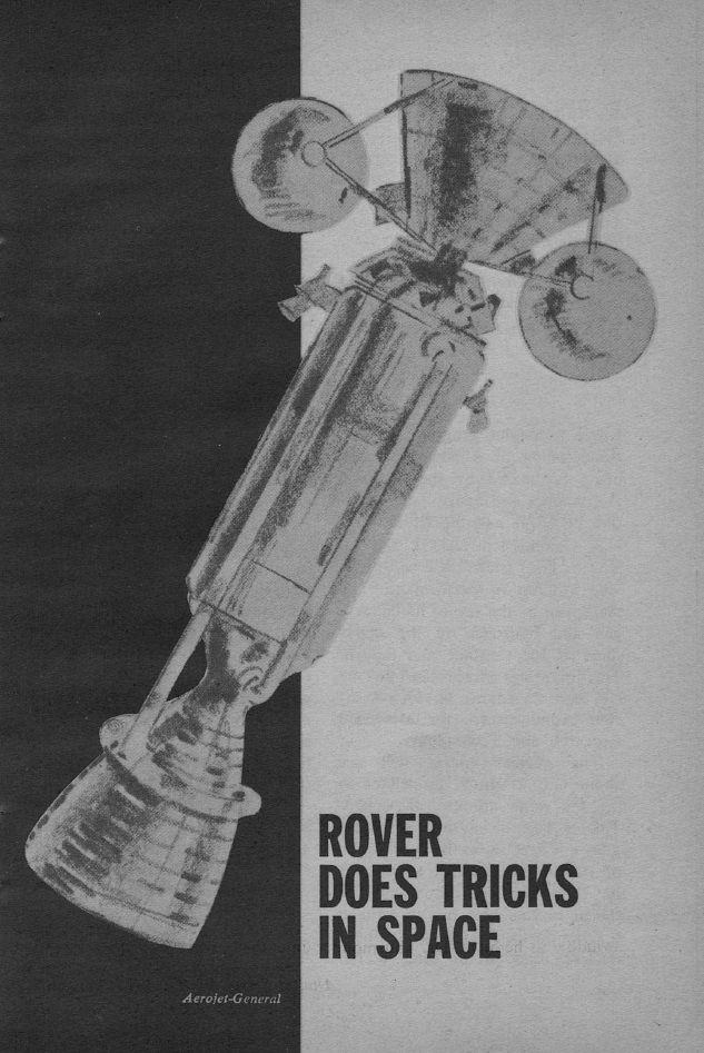 A grey image of a nuclear rocket on a black and white background. The background breaks the page in half vertically, and the grey rocket crosses it diagonally. On the white half, a legend in black leathers reads 'ROVER DOES TRICKS IN SPACE'