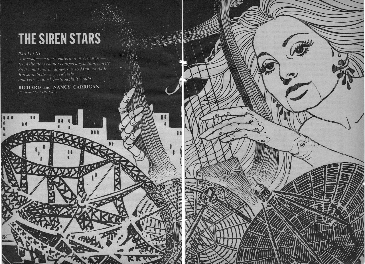 A two paneled image, white lines on a black background. There is a psychedelic image of a woman strumming a harp in a futuristic city.