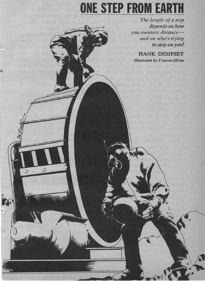 A single panel image, black ink on white background. Two figures are in insectoid spacesuits. One is standing on top of an jet engine, and the other is on the ground, holding a round ball. The legend at the top right reads 'ONE STEP FROM EARTH: The length of a step depends on how you measure distance -- and on who's trying to step on you!'