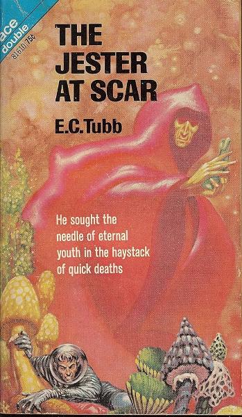 A book cover in color, showing a man in a bubble-headed spacesuit clambering through waist-high mushrooms. Behind him is a giant, ethereal figure in a red cloak. The figure has yellow skin and red eyes, and is holding a pale green bottle. In contrast to the title and author's name in black letters, the subtitle is in white, and reads 'He sought the needle of eternal youth in the haystack of quick deaths'