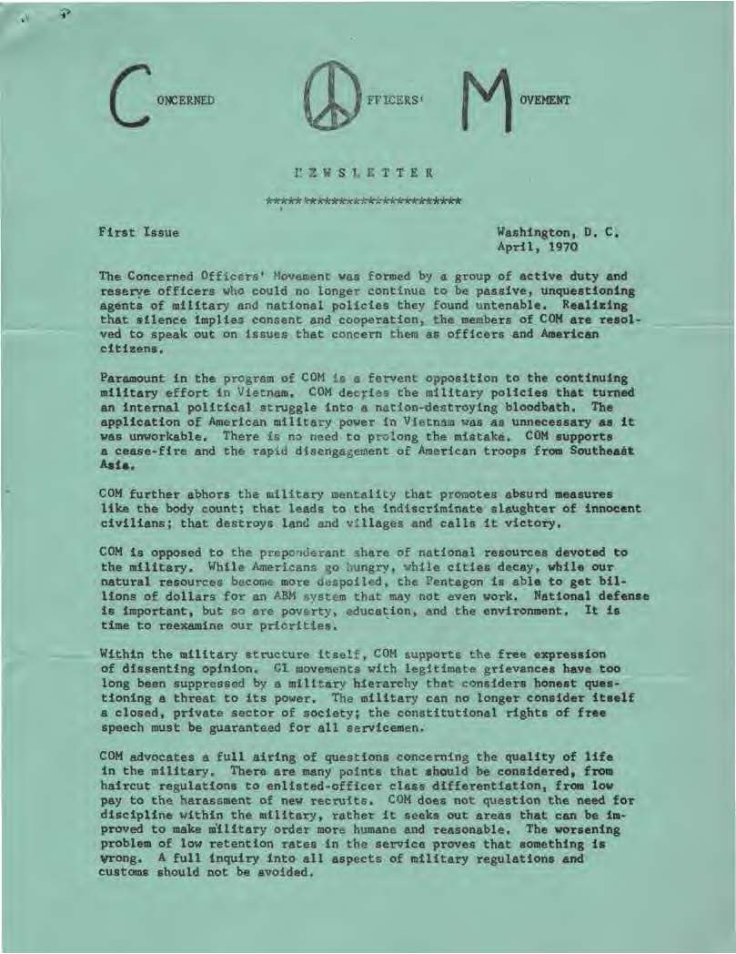 Copy of a Concerned Officers Movement newsletter dated April, 1970.