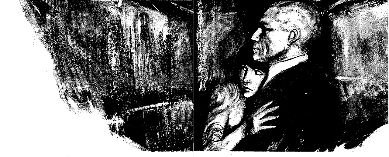 Black and white illustration of a dark-haired woman clinging to a tall fair-haired man in a confined room.