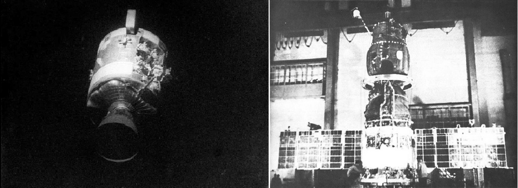 Two black and white photos showing different segments of the Apollo 13 spacecraft in space.