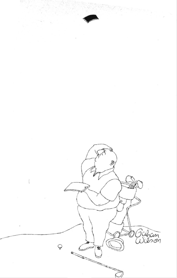 Cartoon drawing of a golf player confusedly holding a piece of tile that has fallen from the sky. Above, the empty sky shows a square hole where the tile was.