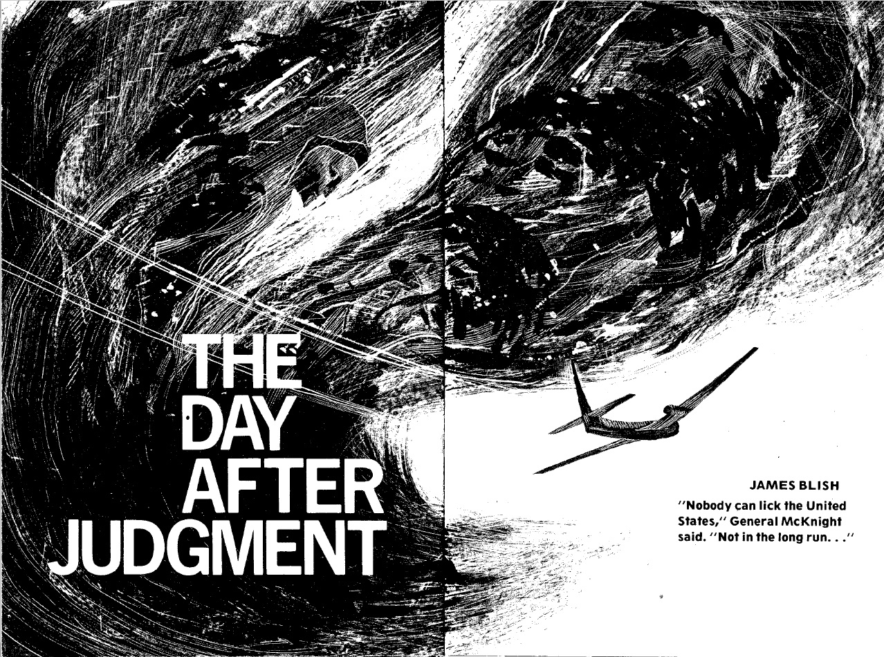 A small plane flies across the lower right corner of the page, narrowly avoiding a wild maelstrom of ink. On the left half of the page reads the title 'The Day After Judgement' in all caps and white letters. On the right half, beneath the plane, states the author's name in black letters, and beneath it, the legend '