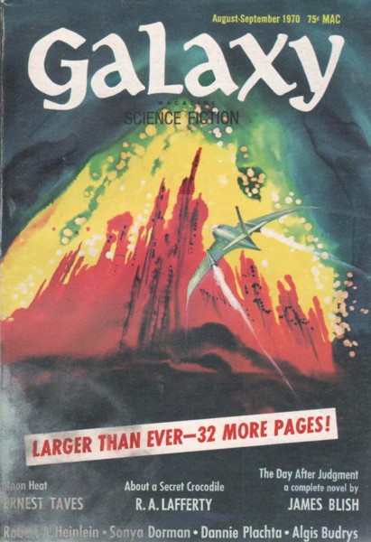 The cover of <i/>Galaxy. It shows a silver rocket, resembling a wide-winged airplane, speeding towards a futuristic city that is engulfed in an inferno of green, yellow, and red. A banner on the cover says, in all capital letters, 'LARGER THAN EVER — 32 MORE PAGES!'
