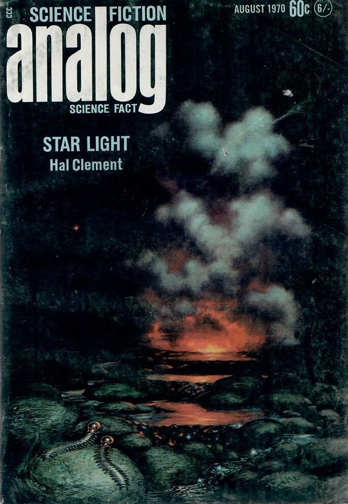 Cover of the August 1970 issue of Analog Science Fiction featuring a rocky lake landscape, with a large burning mass in the background. In the foreground, there is a rock-like alien with two eye stalks