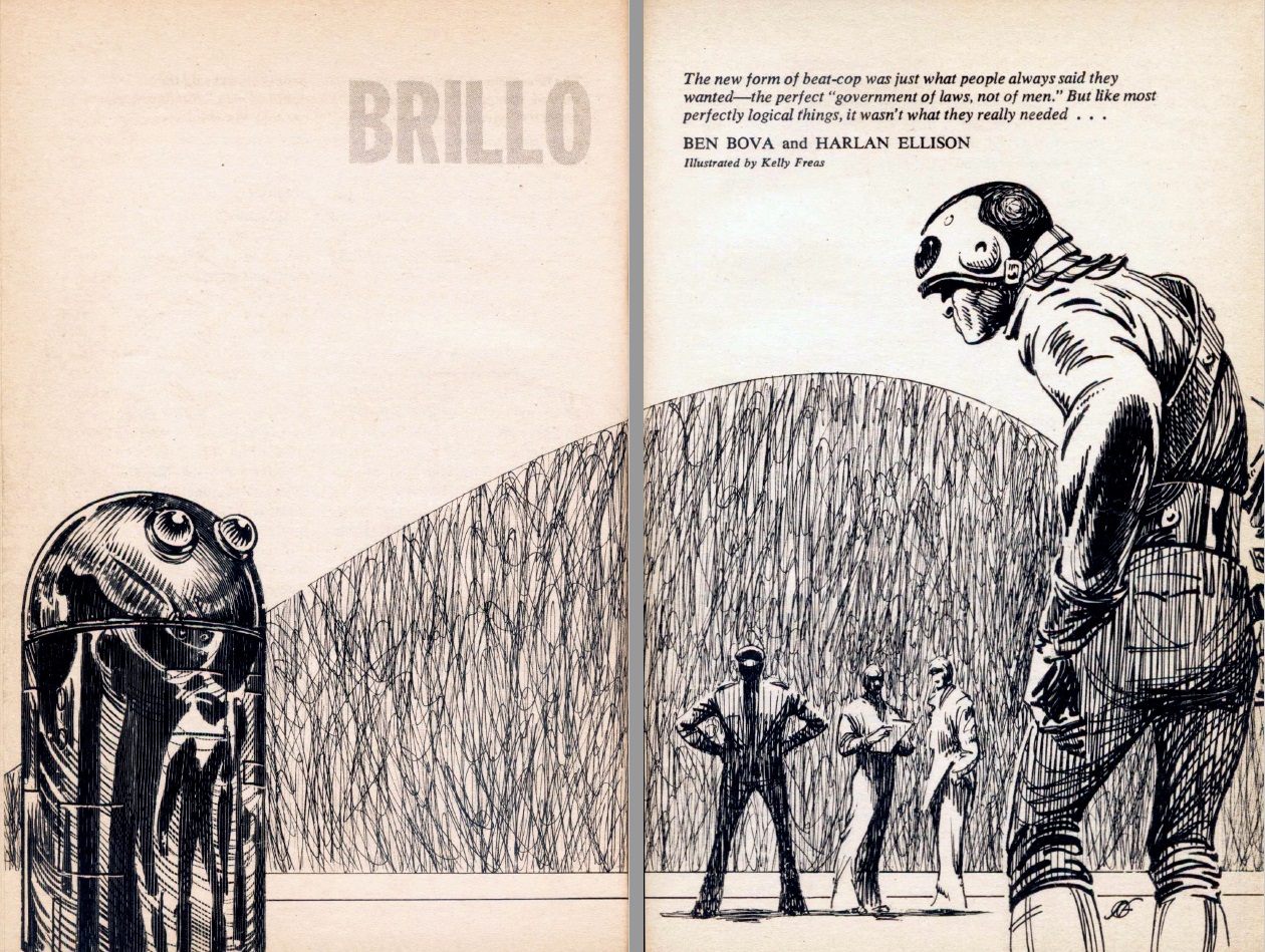  A squid-like alien and a humaniod converse in front of a scribbly- hill like illustration. 