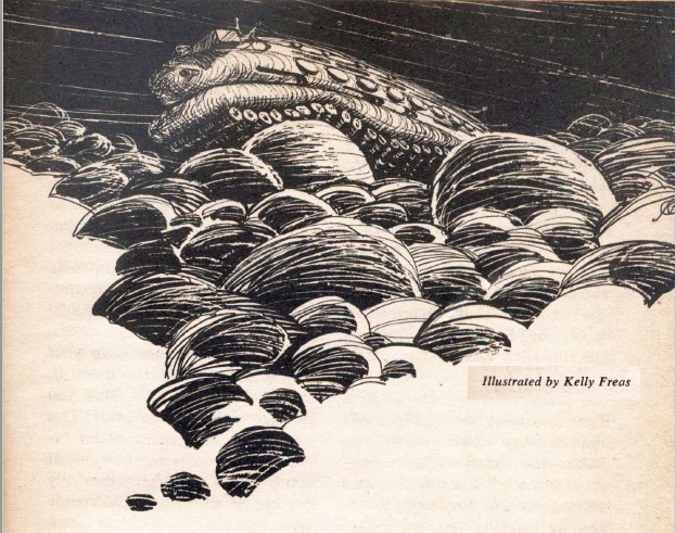 Illustration of a rocky landscape with a bug-like multi terrain vehicle, Illustrasted by Kelly Freas