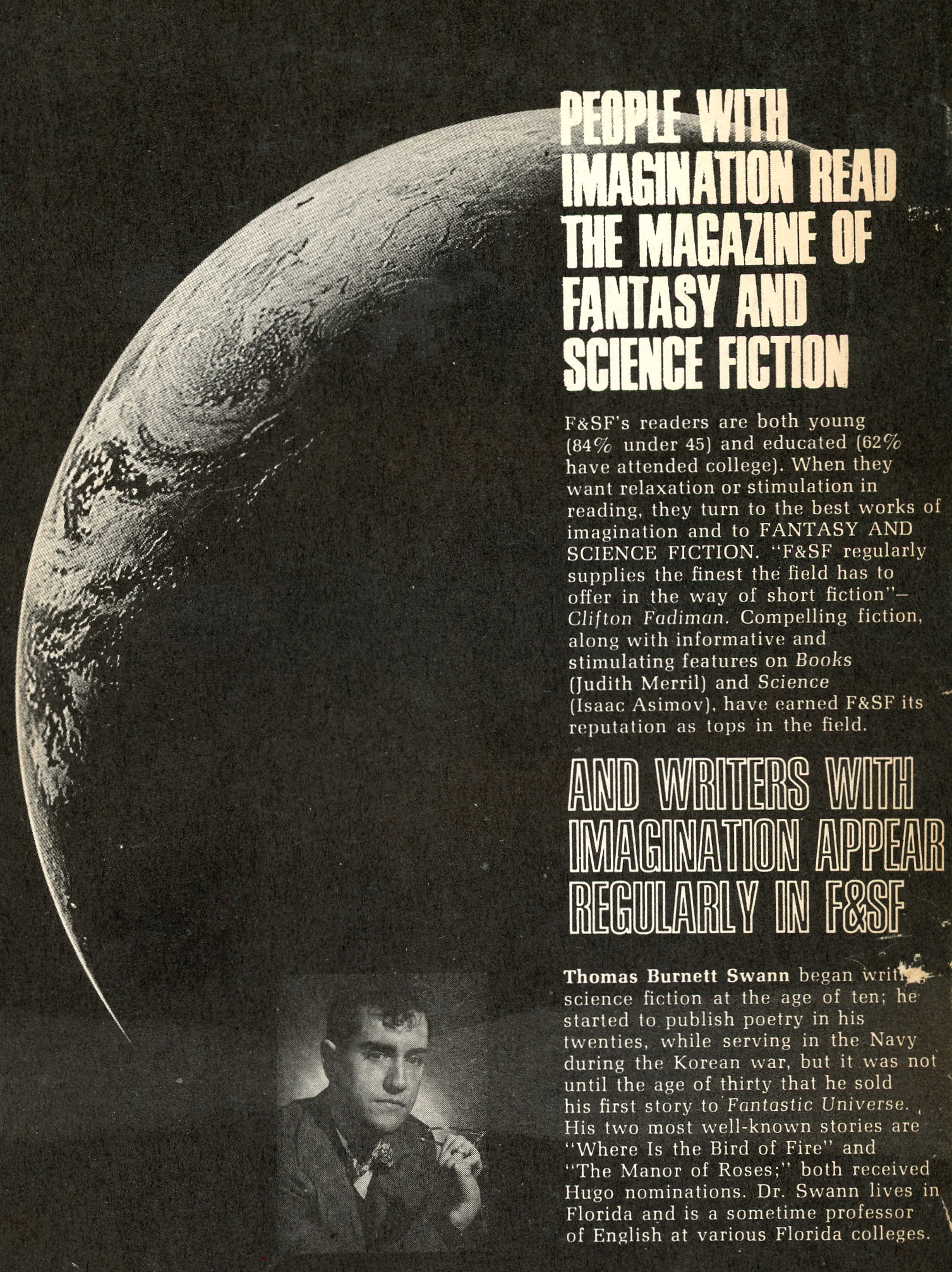 Rear cover of the magazine, featuring the aforementioned Thomas Burnett Swann biographical inset, as well as demographic information on the marketing segment for F&SF readers, all against the background of a photograph of Earth (as taken from space)