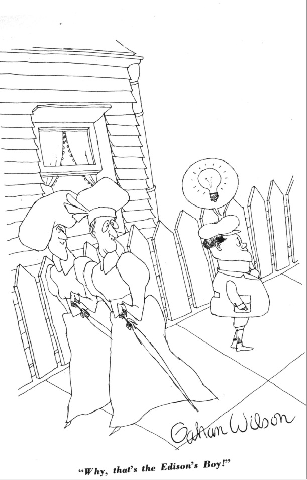 Inked sketch of a cartoon where two society matrons out for a stroll look back at a young with a light bulb over his head.  One wearing spectacles says to the other 'Why, that's the Edisons boy'.