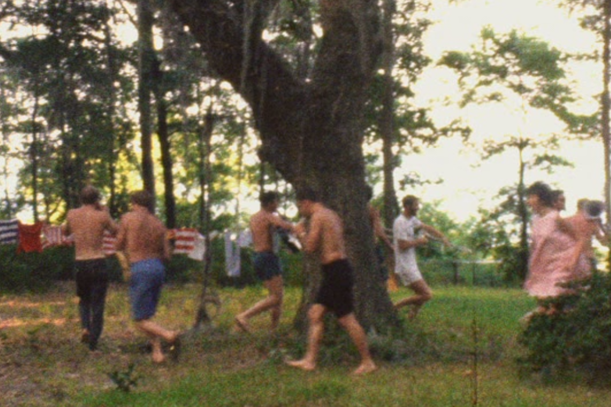 Several of the "Merry Pranksters" dancing and playing instruments near a large tree