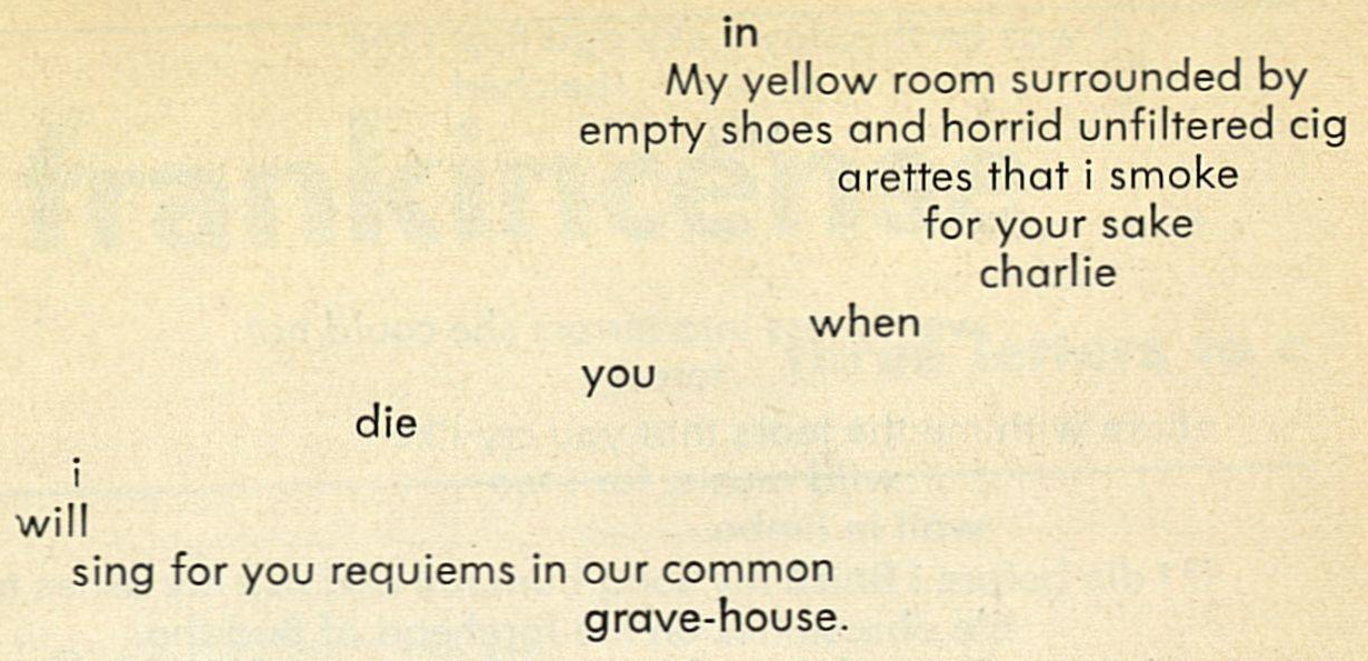 Poetry excerpt: in My yellow room surrounded by empty shoes and horrid unfiltered cigarettes that i smoke for your sake Charlie / when you die i iwill sing for you requiems in our common grave-house