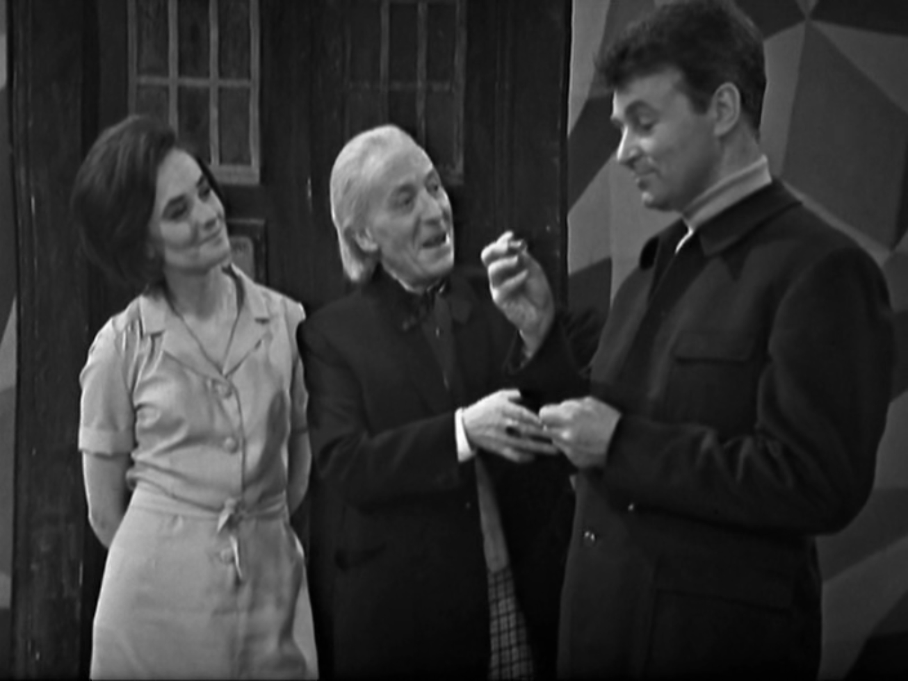 The Doctor shows Ian and Barbara the faulty component.