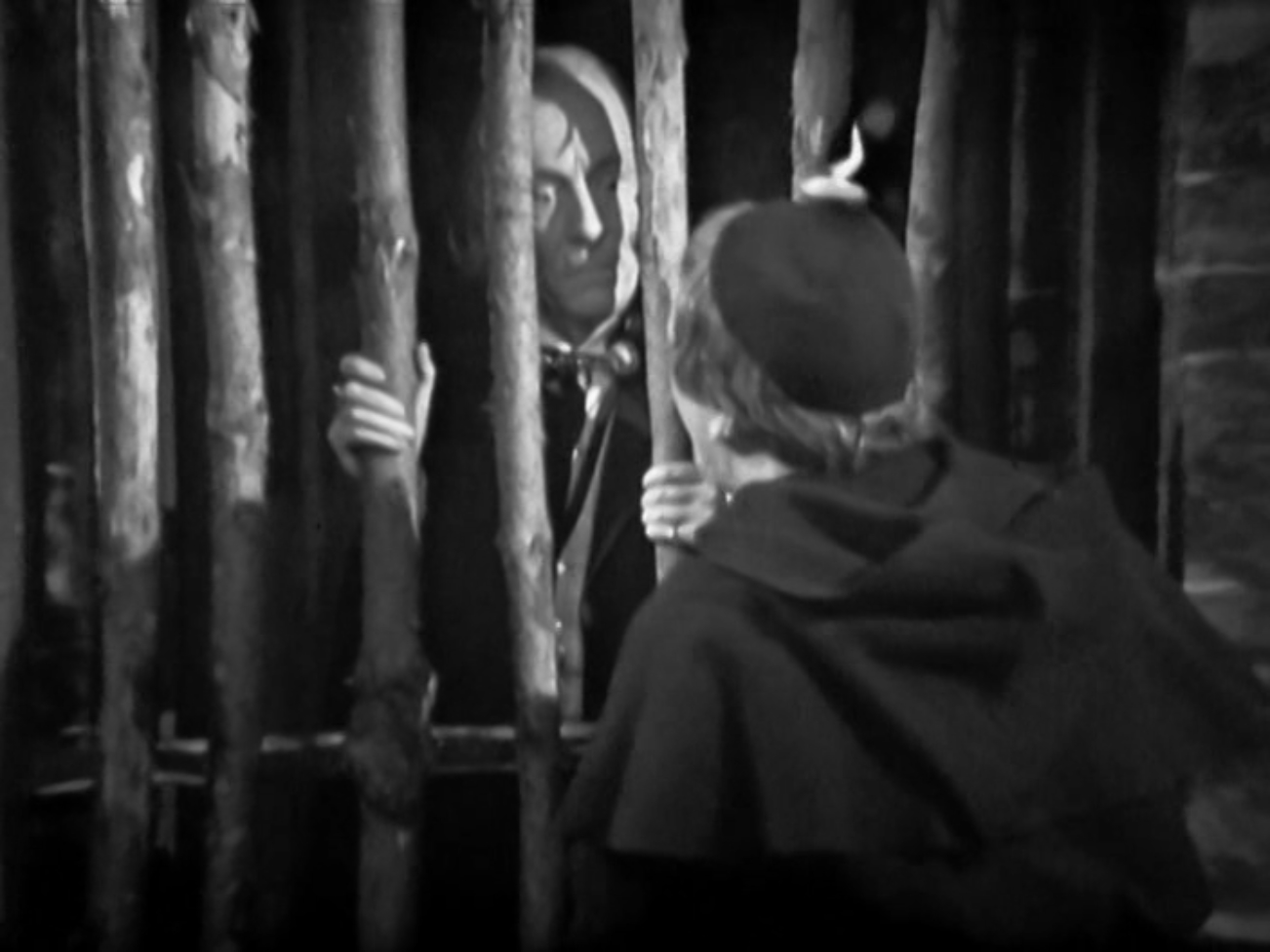 Image description: The Doctor stands behind wooden bars. The monk looks in at him.