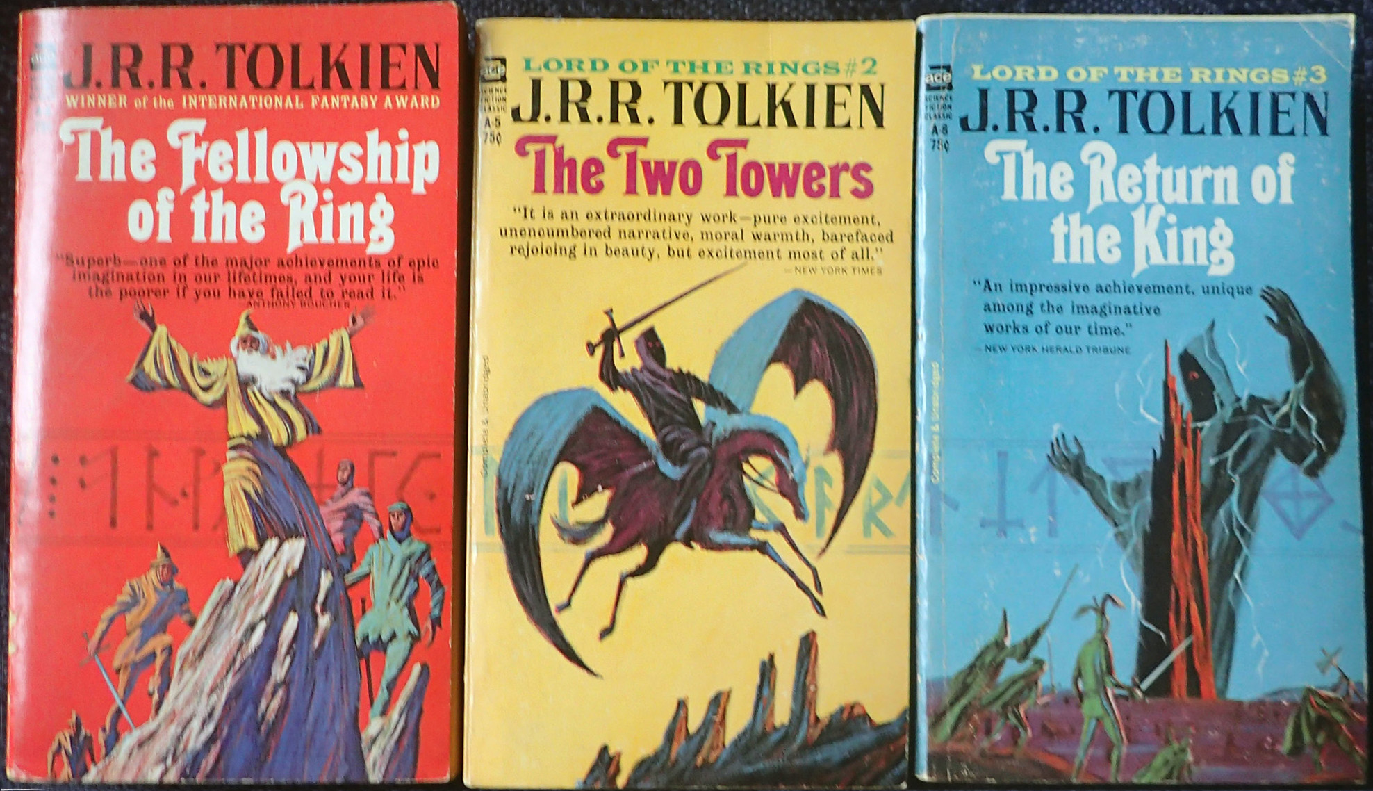 Three book covers: The Fellowship of the Ring, The Two Towers, and The Return of the King