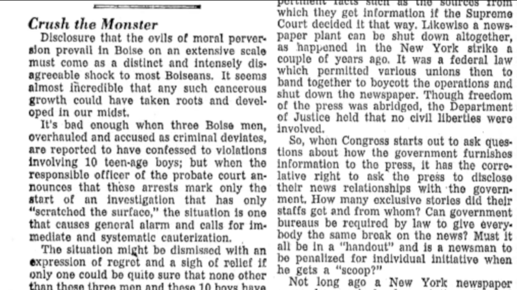 1955 editorial headline from the Idaho Statesman "Crush the Monster"