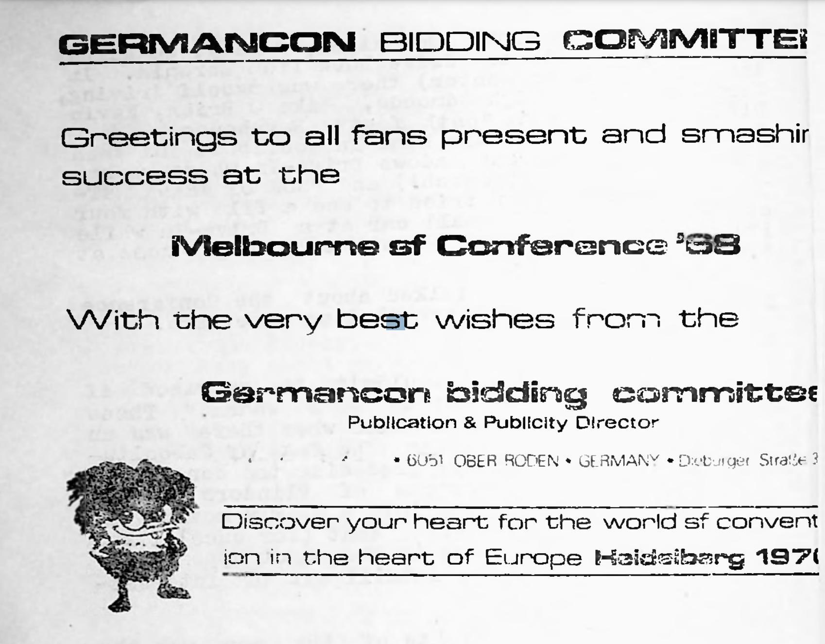 An advertisement for Germancon, the bid to hold the 1970 World SF convention in Germany