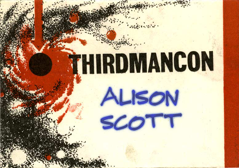 A convention membership badge for Thirdmancon, with an abstract red and black design and the name Alison Scott