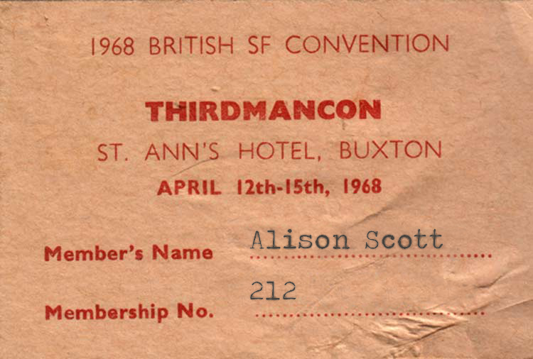 A membership card for Thirdmancon, the 1968 Easter convention for Alison Scott