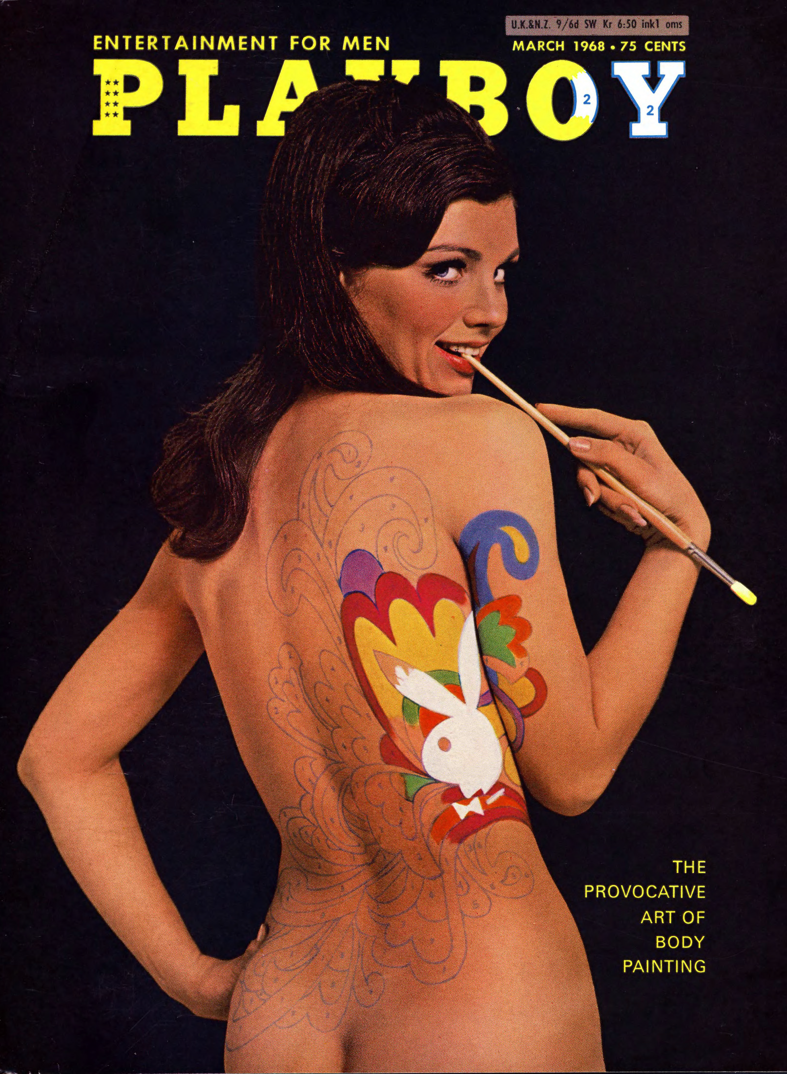 March 1968 Playboy cover - a naked woman with a bunny painted on her back looks over her shoulder