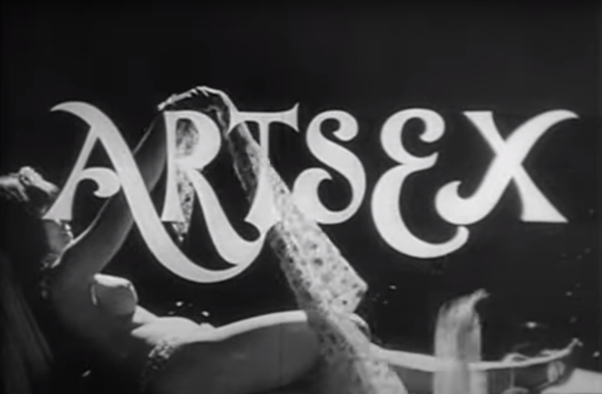 Naked woman lying down holding a veil with the word "Artsex" imposed over the top