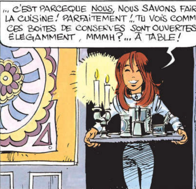 Laureline serving dinner with a soupçon of sarcasm.