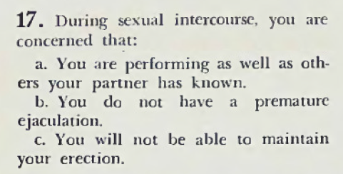 Question 17 from the quiz, asking about the reader's concerns during sexual intercourse. The three options are: Performing as well as others, premature ejaculation, and maintaining an erection.