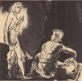 Black and White illustration showing a Vernan woman talking to an Earthman as he pulls a book from his bag