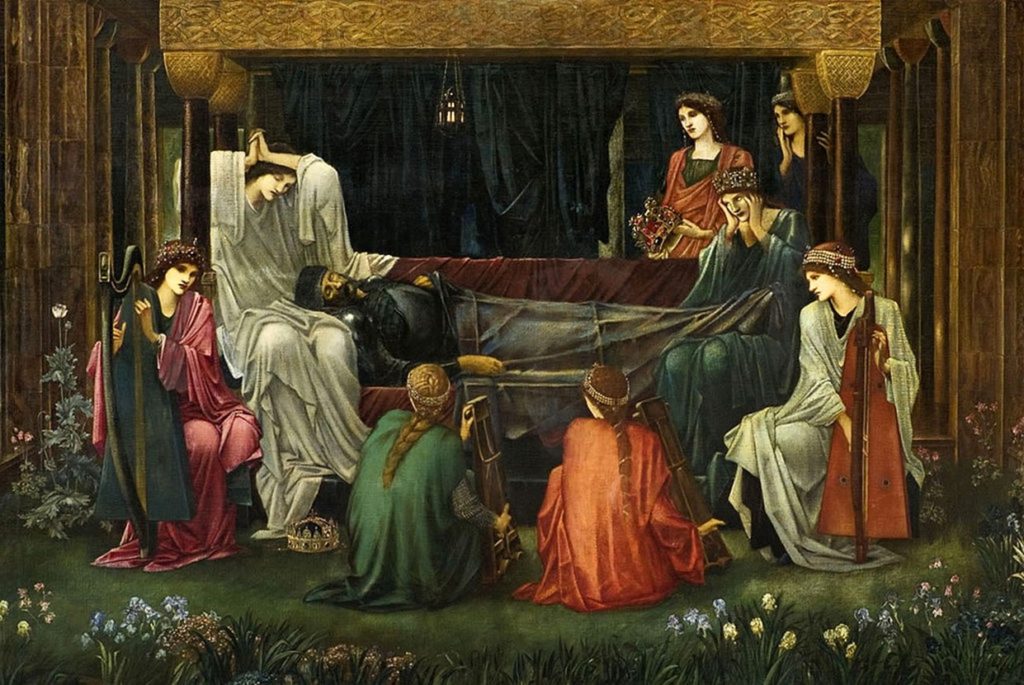 Central scene of The Last Sleep of Arthur in Avalon by Edward Burne-Jones, a painting from 1898