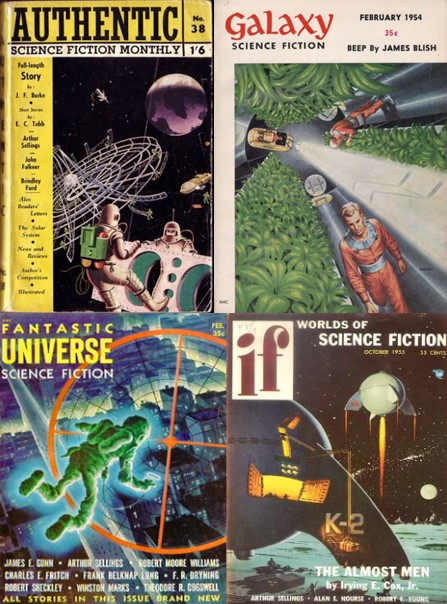 Example covers of Authentic Galaxy Fantastic Universe If from 1953-1955 containing Sellings work