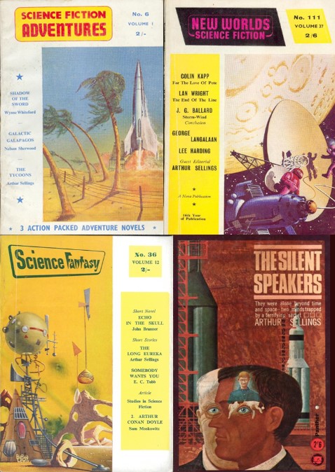 Example Covers of Science Fiction Adventures, New Worlds, Science Fantasy containing Sellings work along with his first novel, The Silent Speakers