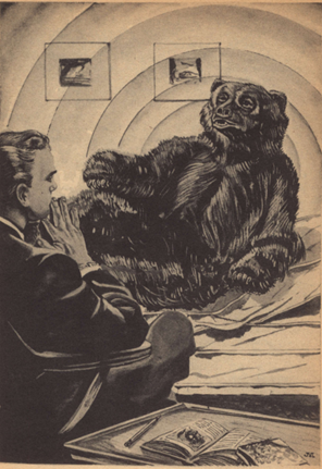 Black and white illustration of a psychiatrist in his office talking to a shapeshifter in the form of a bear