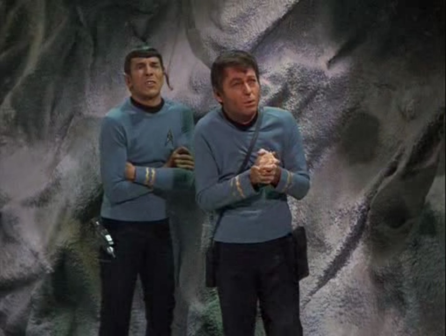 Spock and McCoy are shivering against an ice wall