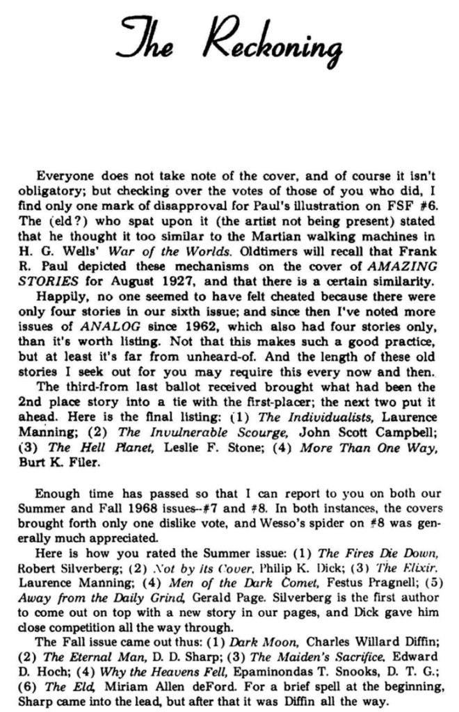 Article listing scores for previous issues.
They came be summarised as follows:
Issue #6:
1. The Individualists by Laurence Manning
2. The Invulnerable Scourge by John Scott Campbell
3. The Hell Planet by Leslie F. Stone
4. More Than One Way by Burt K. Flier
Issue #7:
1. Fires Die Down by Robert Silverberg
2. Not by It's Cover by Philip K. Dick
3. The Elixir by Laurence Manning
4. Men of the Dark Comet by Festus Pragnell
5. Away from the Daily Grind by Gerald Page
Issue #8:
1. Dark Moon by Charles Willard Diffin
2. Eternal Man by D. D. Sharp
3. The Maiden's Sacrifice by Edward D. Hoch
4. Why the Heavens Fell by Epaminodas T. Spooks DTG
5. The Eld by Mariam Allen de Ford
