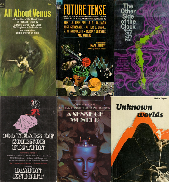 Anthology covers For All about Venus, Future Tense, The Other Side of the Clock, 100 Years of Science Fiction, A Sense of Wonder, Unknown Worlds