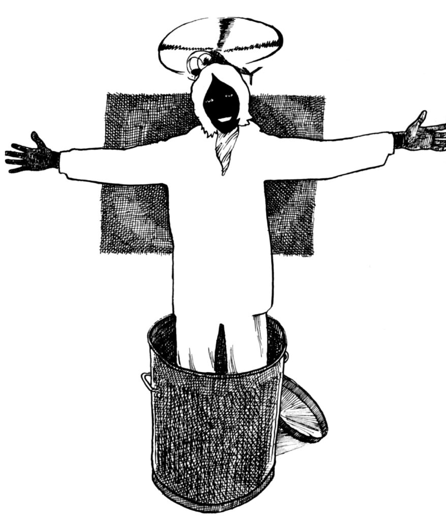 A black and white picture of Jerry Cornelius in messianic pose. 