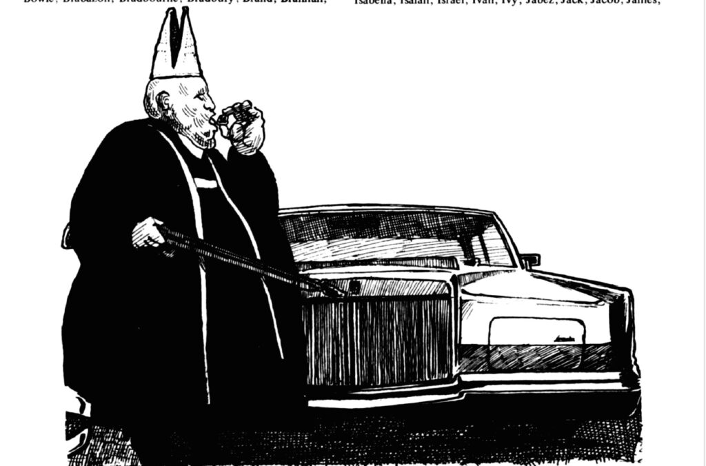 A black and white picture of a corpulent bishop, the villain of the story. 