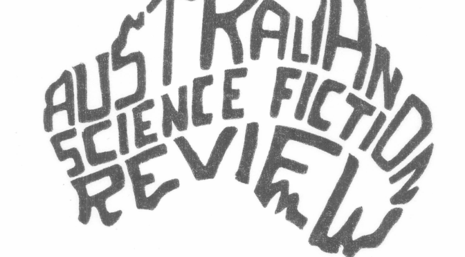 the words Australian Science Fiction Review 15, written in the shape of Australia (the 15 is Tasmania)