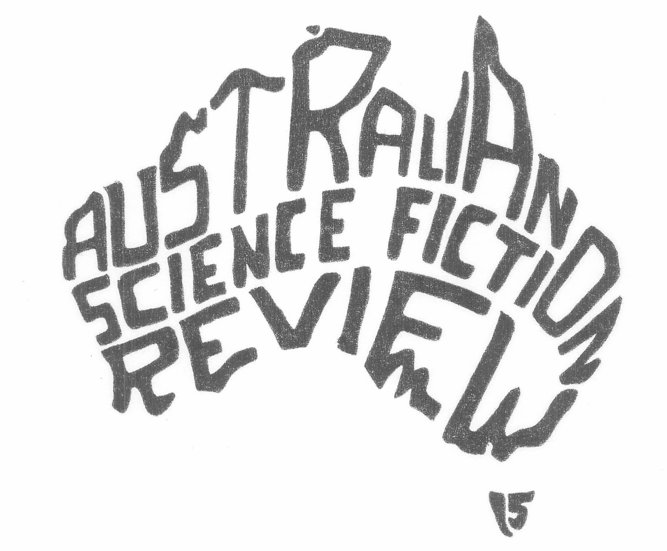 the words Australian Science Fiction Review 15, written in the shape of Australia (the 15 is Tasmania)