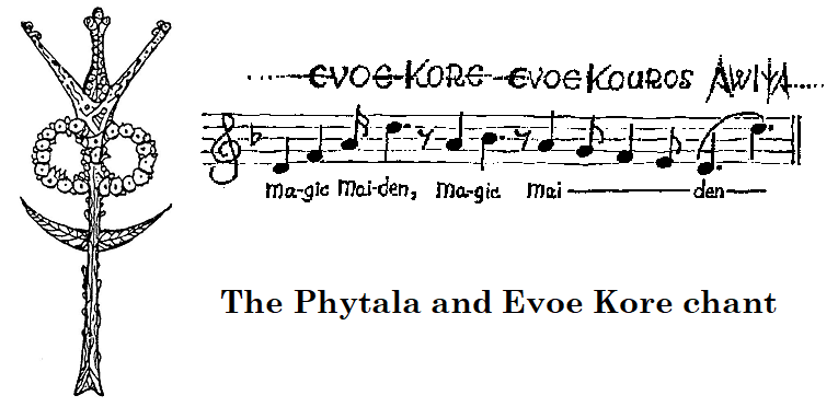 Line drawing of the Phytala, a symbol combining a tree, wreath of flowers, and leaves; it looks a bit like a person standing with arms outstretched over their head. Also, a short musical score of the Kore chant: Evoe Kore, Evoe Kouros, Awiya