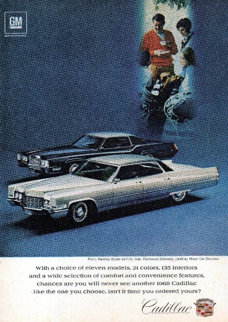 Magazine Ad for Cadillacs showing two cars