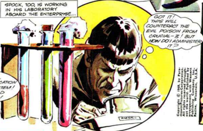 Spock looking into a viewer next to some test tubes