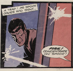 Spock looking round a door as lasers are fired at him