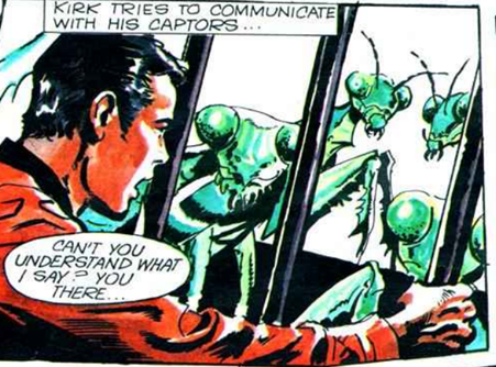 Kirk in a cage tries to talk to giant preying mantises