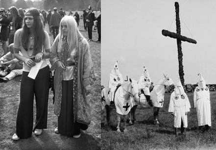 Two black and white photos next to each other. On the left, two hippies in a field, on the right 4 Klansmen in front of a burnt out cross