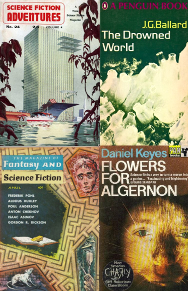 Covers of magazine and book versions of Drowned World and Flowers for Algernon