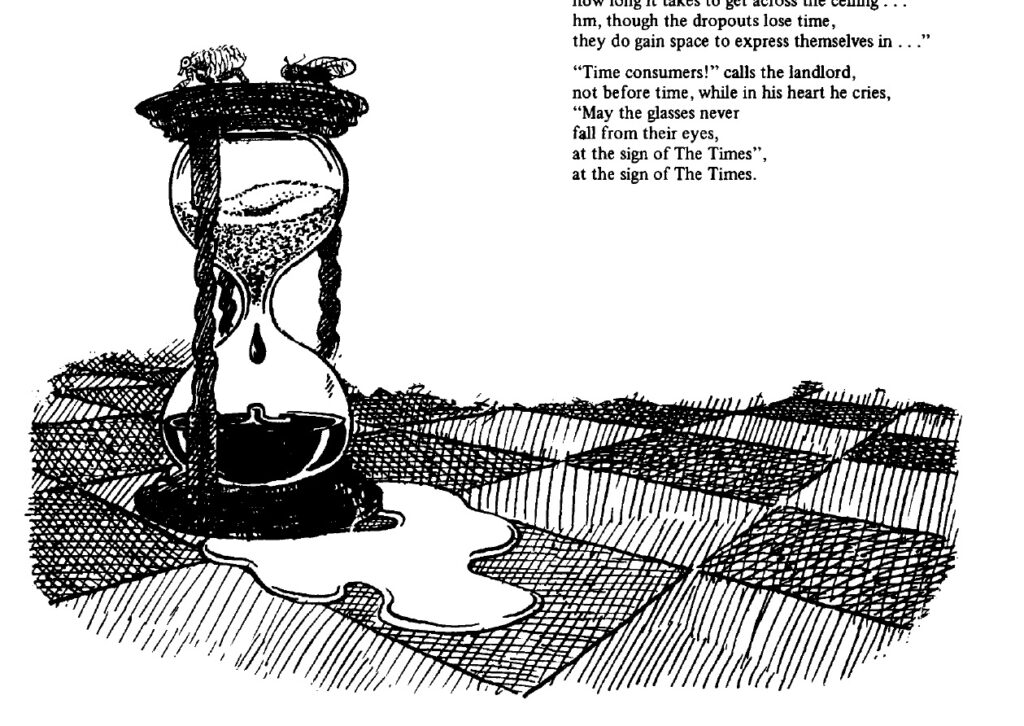 IMAGE: A drawing of an hourglass on a checkered ground. There is fluid coming out of the bottom of the hourglass and a fly and a beetle sat on top of it.