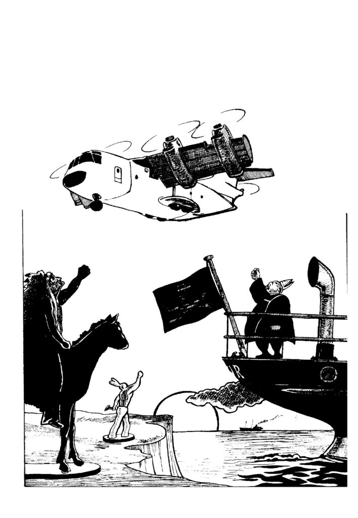 IMAGE: A drawing of tilt-wing turboprop aeroplane taking off into the air above a clifftop. On the cliff we have a rabbit and a North American Indian on horseback shaking their fists at the rising aeroplane. On the bottom right of the picture we have Bishop Beesley on a boat also shaking his fist at the plane.